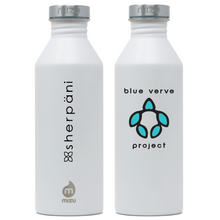 Load image into Gallery viewer, stainless steel water bottle with Blue Verve Project logo in white colorway
